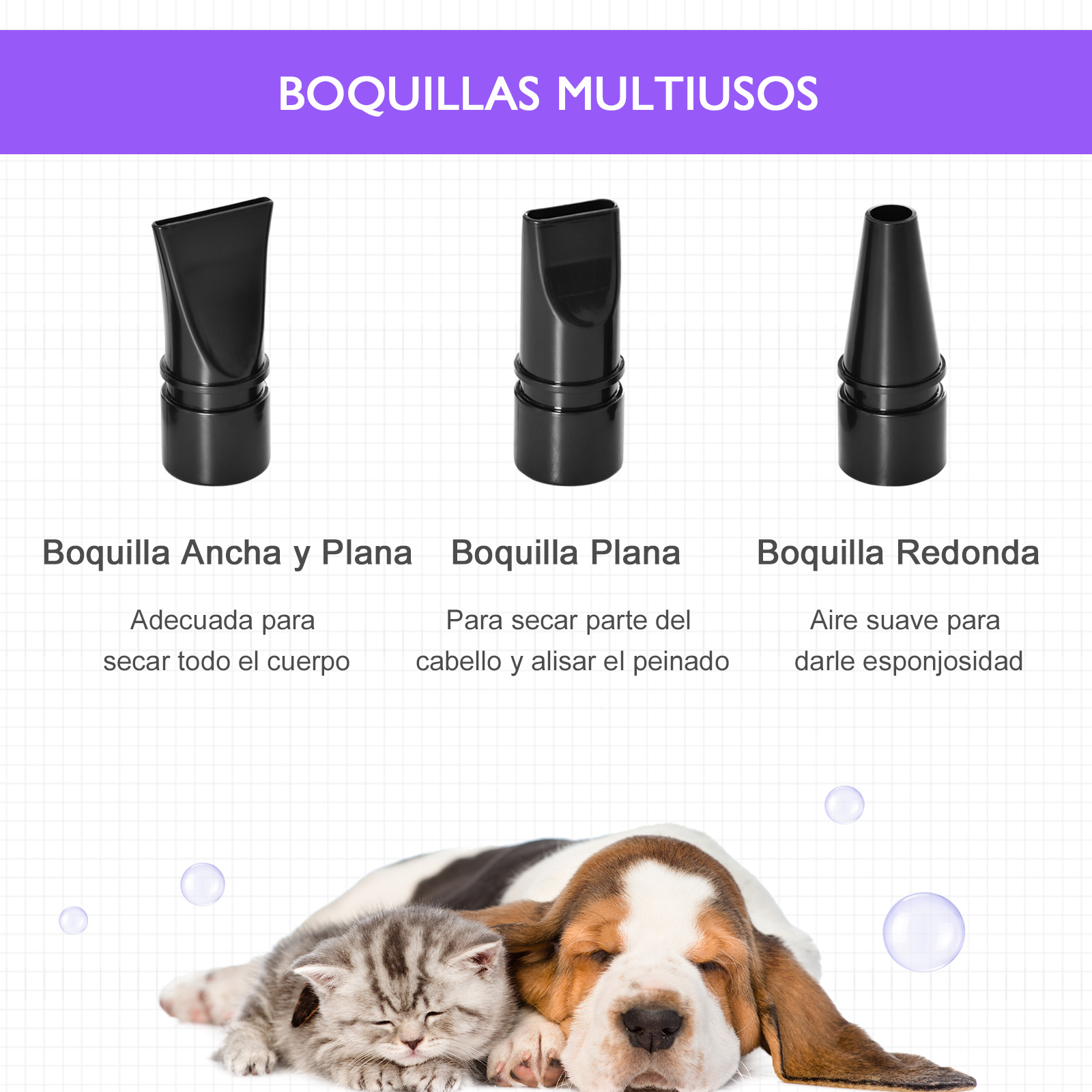 Secador de pelos para cães PawHut 2800W, soprador de água para animais de estimação com temperatura e velocidade do vento ajustáveis, 3 bicos, mangueira flexível de 2,1 m, alça portátil, 40 x 16 x 20 cm, preto e roxo.