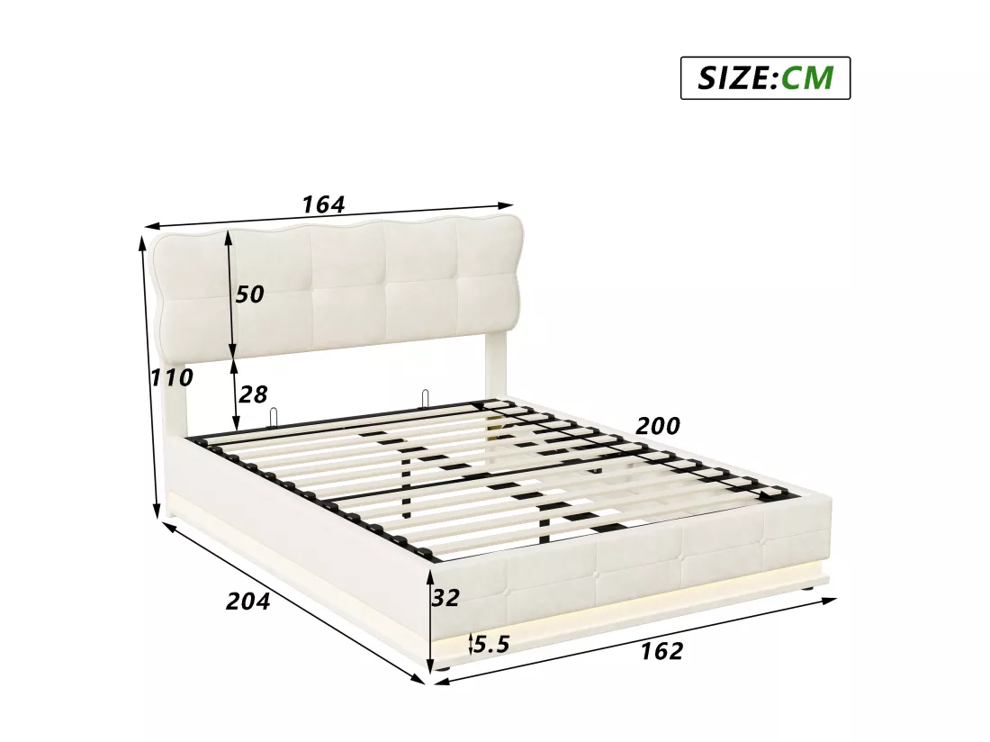 Lit coffre 160x200cm avec rangements, tissu velours, cadre de lit avec tête de lit, éclairage LED, sommier à lattes, lit hydraulique multifonction, lit adulte style moderne, Beige