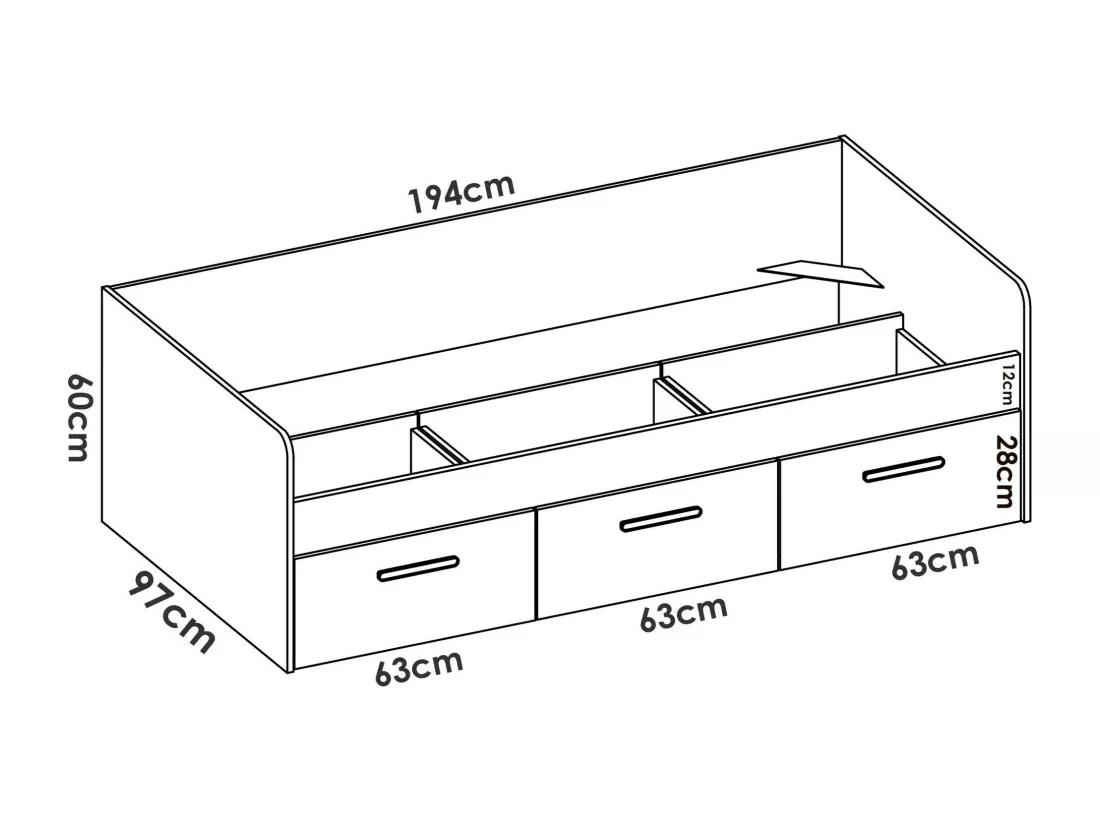 Lit enfant Daabou, Lit coffre pour chambres, Cadre de lit simple avec 3 tiroirs, 194x97h60 cm, Blanc