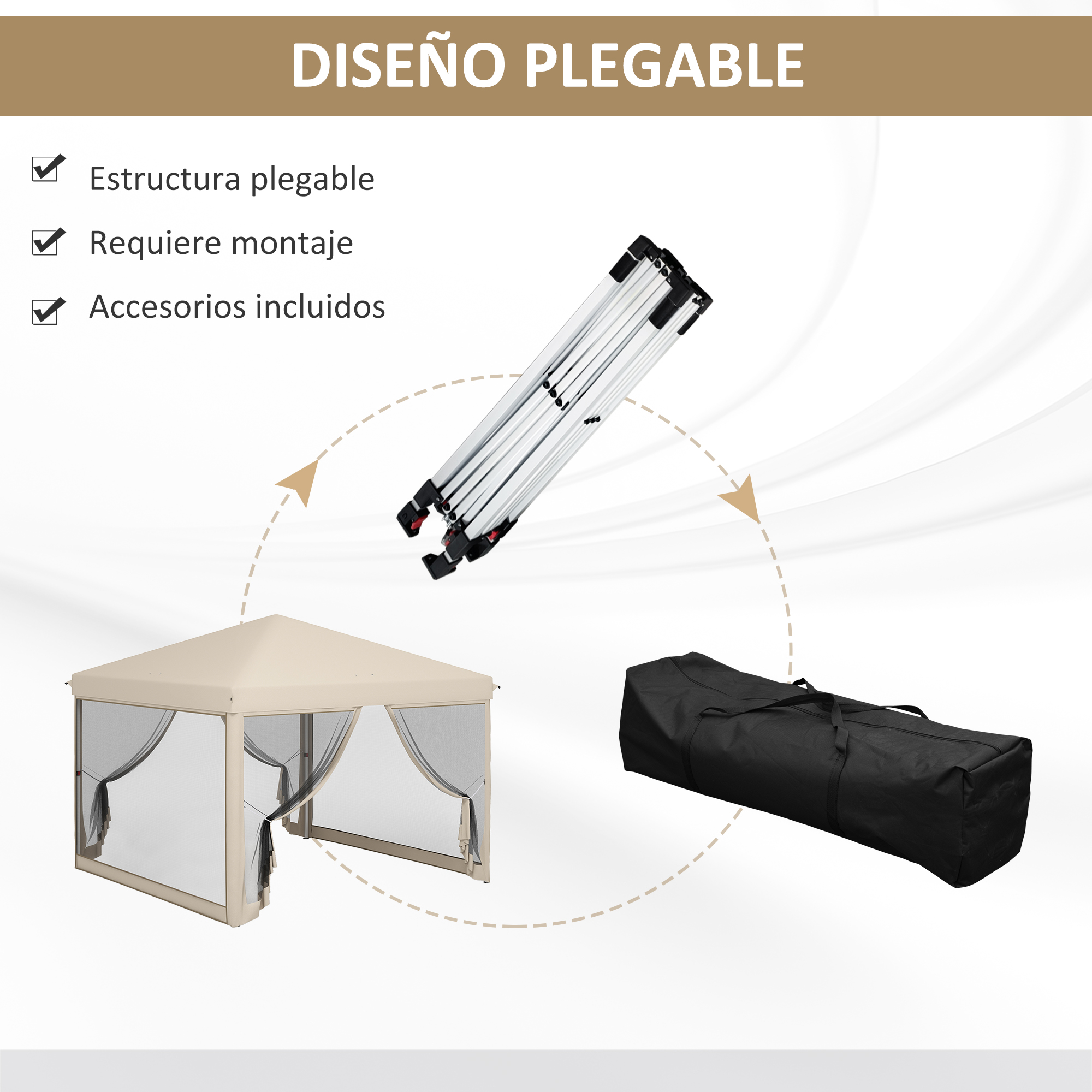 Tenda dobrável Outsunny 3x3 para exterior, gazebo portátil para jardim com mosquiteiro, bolsa de transporte, estrutura de aço e tecido Oxford resistente para festas e acampamentos, bege.
