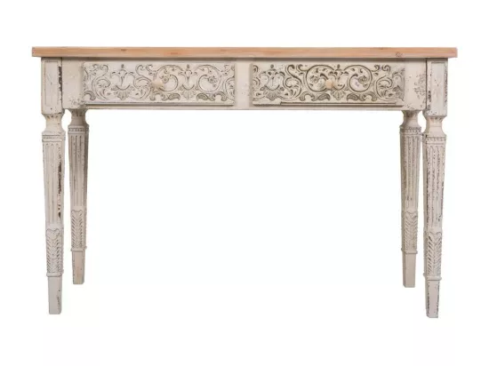 Console en bois blanc vieilli et naturel avec 2 tiroirs 120x40x78h cm