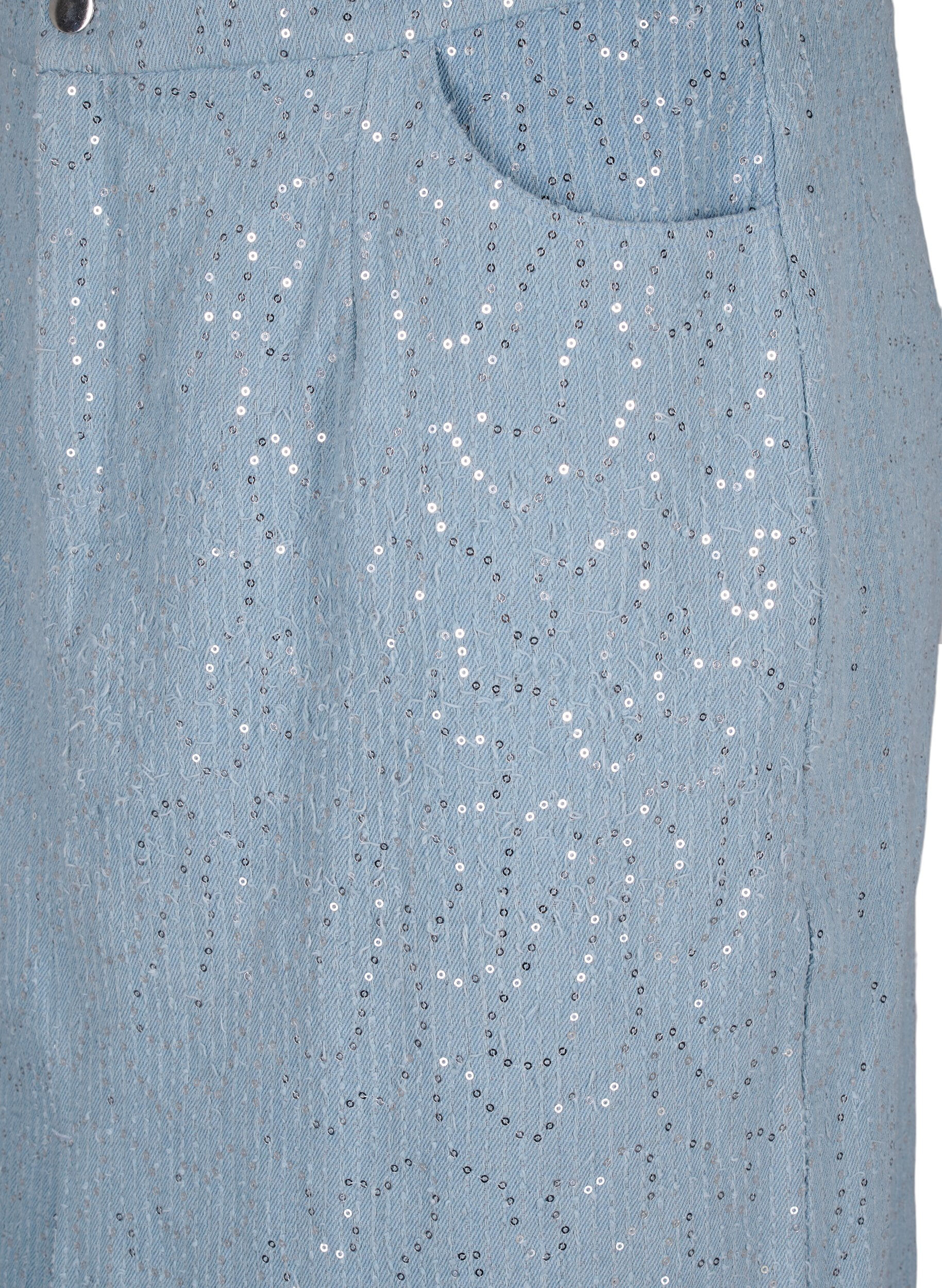 Denim nederdel med slids og pailletter