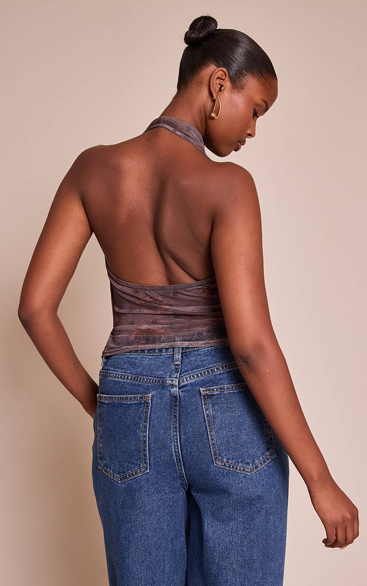 Mauve Foncé Haut À Col Licou En Mesh Imprimé