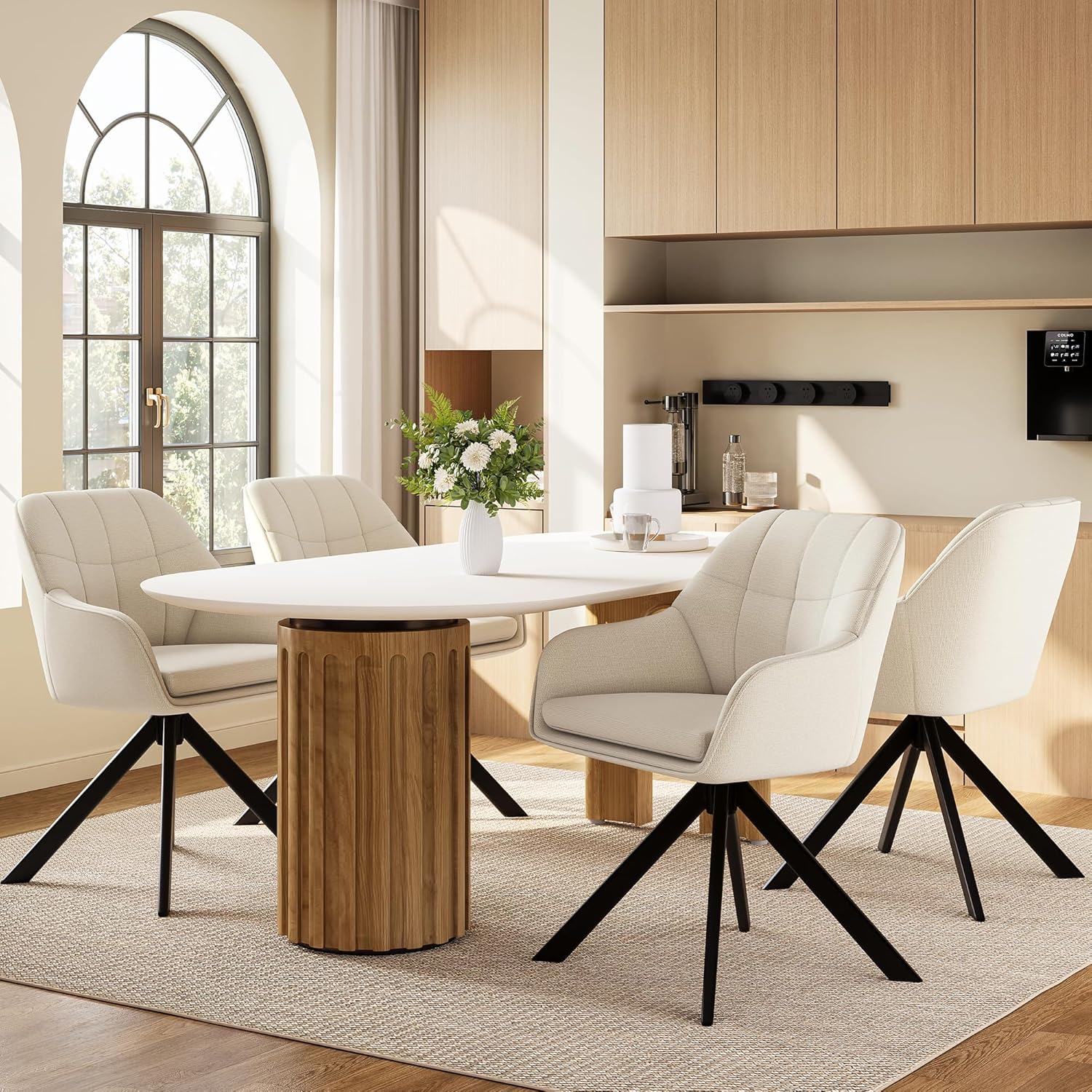 Drehstuhl Esszimmer Beige mit Armlehne, 4er Set drehbarer esszimmerstuhl, Küchenstuhl,Polsterstuhl, aus Polyester, mit Metallbeine für Esszimmer Küche Büro