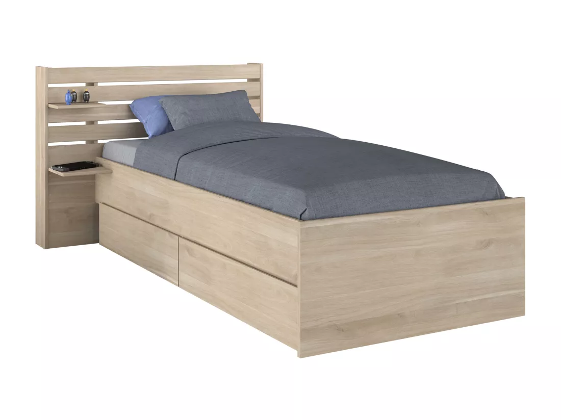 Lit 90 x 190/200 cm avec rangements - Coloris : Naturel + Sommier - TENALIA
