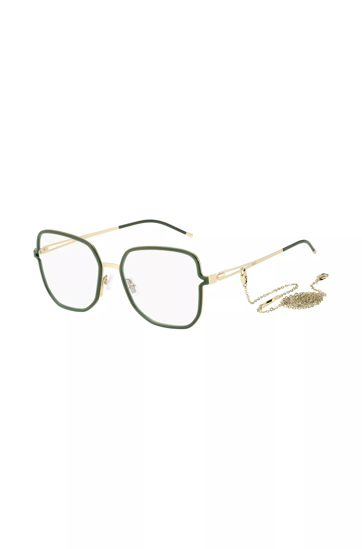 Óculos de grau BOSS preto e verde com hastes bifurcadas e corrente com a marca.