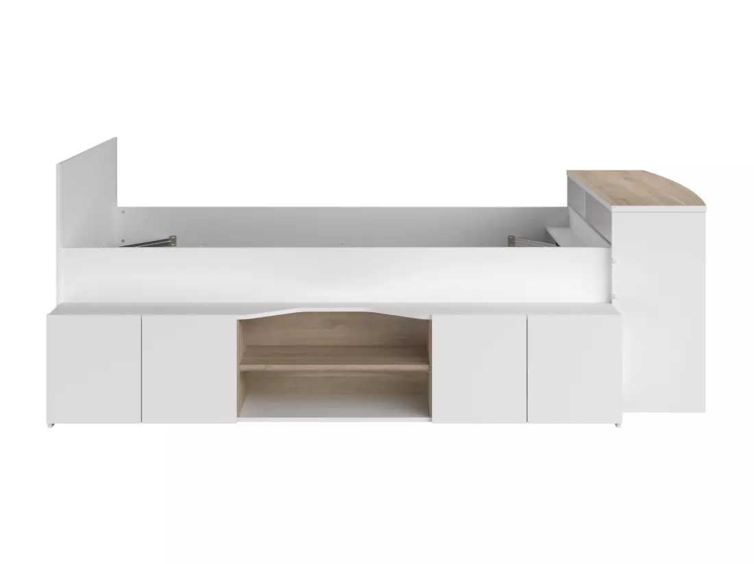 Lit combiné 90 x 190/200 cm avec bureau et rangements - Blanc et naturel + Sommier + Matelas - JOCHIANE