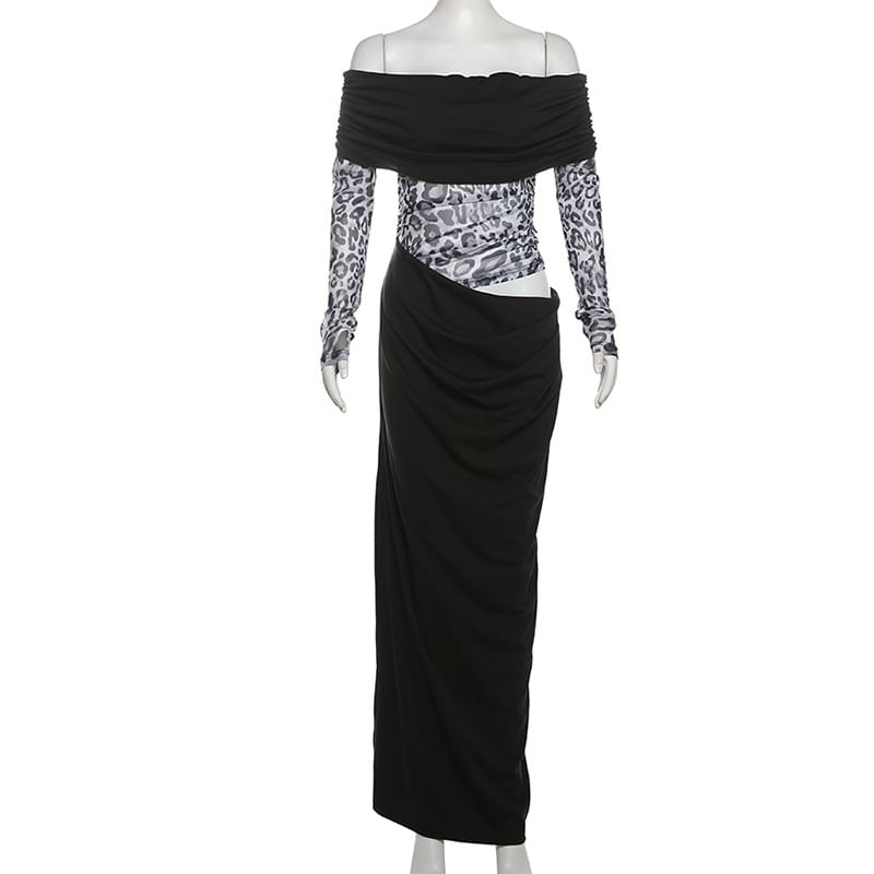 Sugarcoat - Lange mouwen off-shoulder luipaardprint split nep tweedelige maxi manteljurk