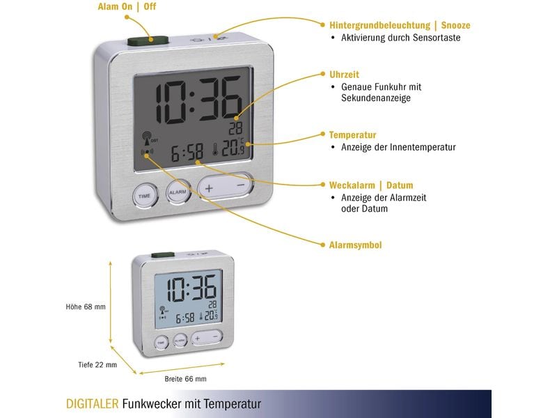 TFA Dostmann Funk-Wecker Silber Digitaler Funkwecker