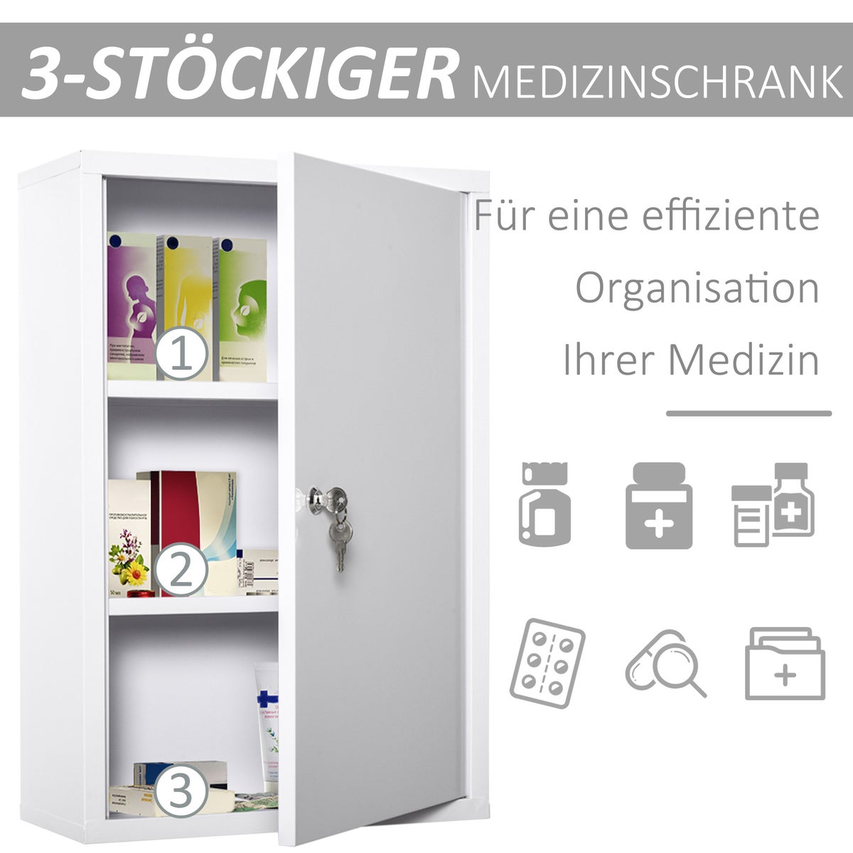 Kleankin Medicijnkastje, EHBO-kastje met slot, 3 compartimenten, staal, wit, 40 x 18 x 60 cm