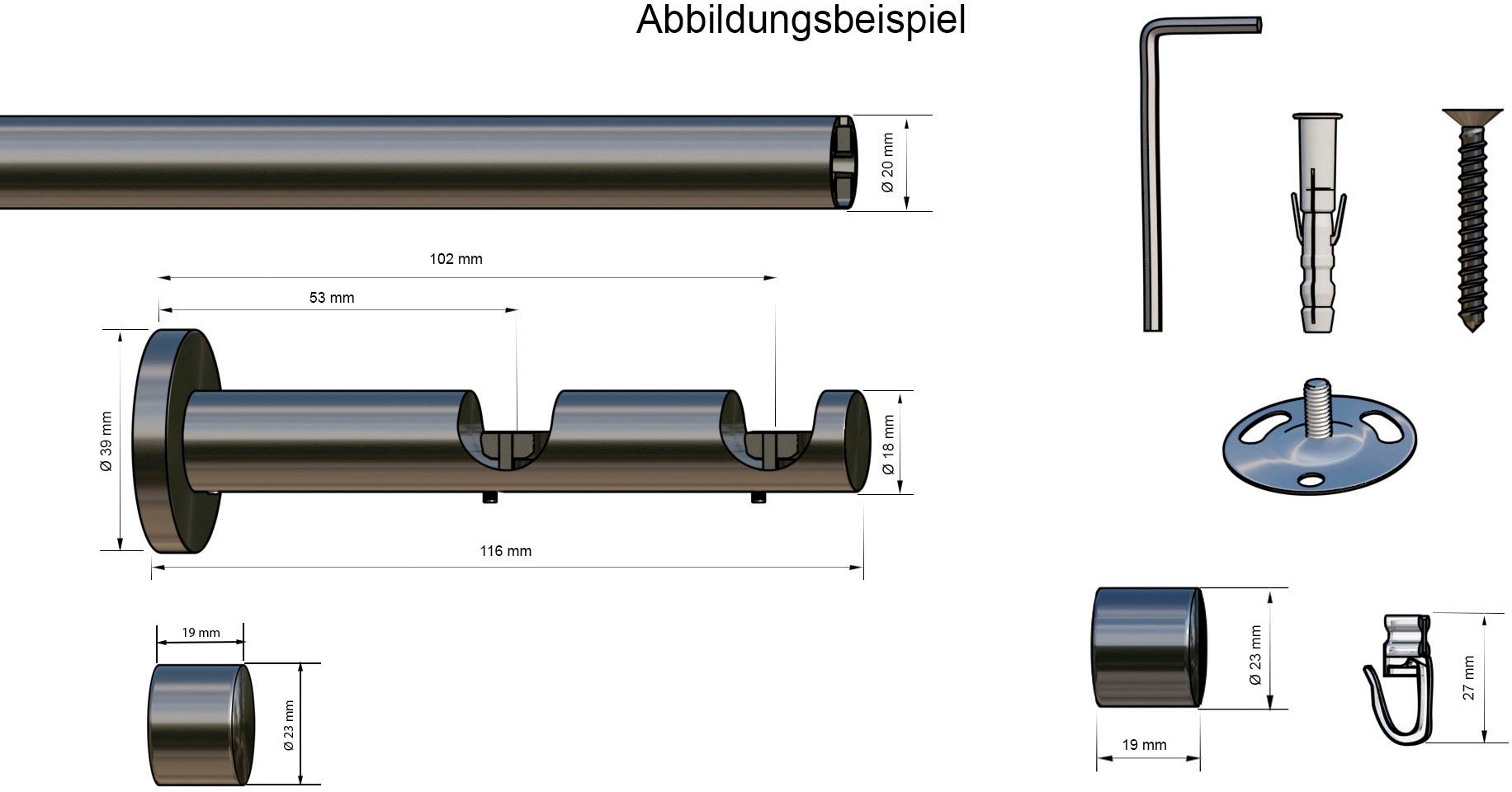 GOODproduct Gardinenstange »Kappe 2-Lauf« Ø 20 mm 2 läufig-läufig Fixmass Innenlauf Komplett-Set inkl. Gleitern und Montagematerial