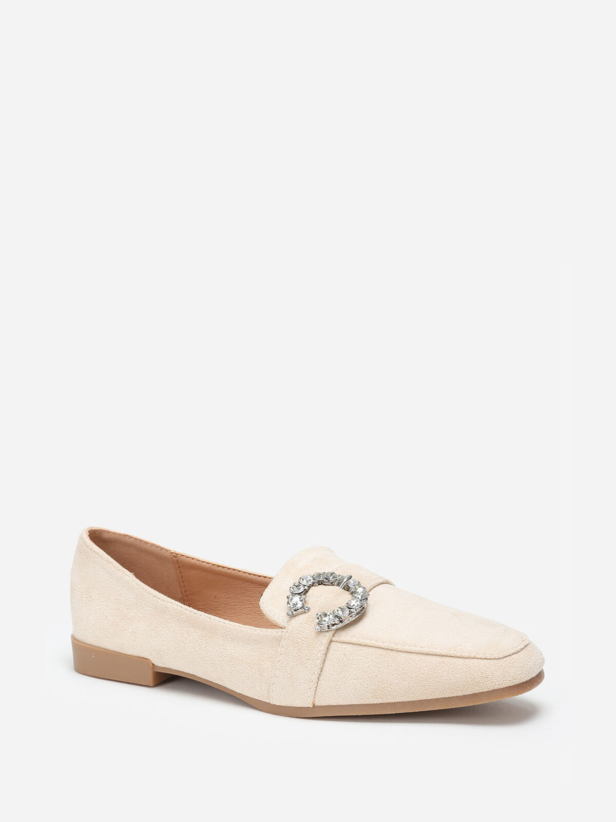 Mocassins en suédine avec boucle à strass- Beige