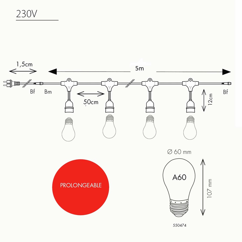 Guirlande guinguette java e27 - 10 ampoules a60 blanc chaud - 5m - prolongeable