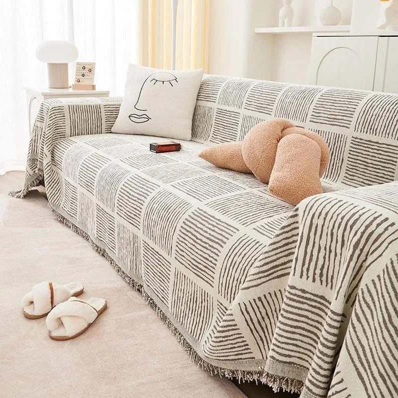 Chenille Striped Pattern Throw Blanket with Tassel |  Nordic Jacquard Reversible Anti-cat Scratch Protection Sofa Cover