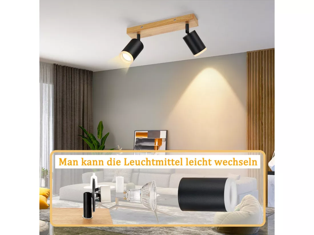 NETTLIFE Spot de plafond noir GU10 spot mural en bois vintage pivotant sans ampoule orientable à 350° industriel
