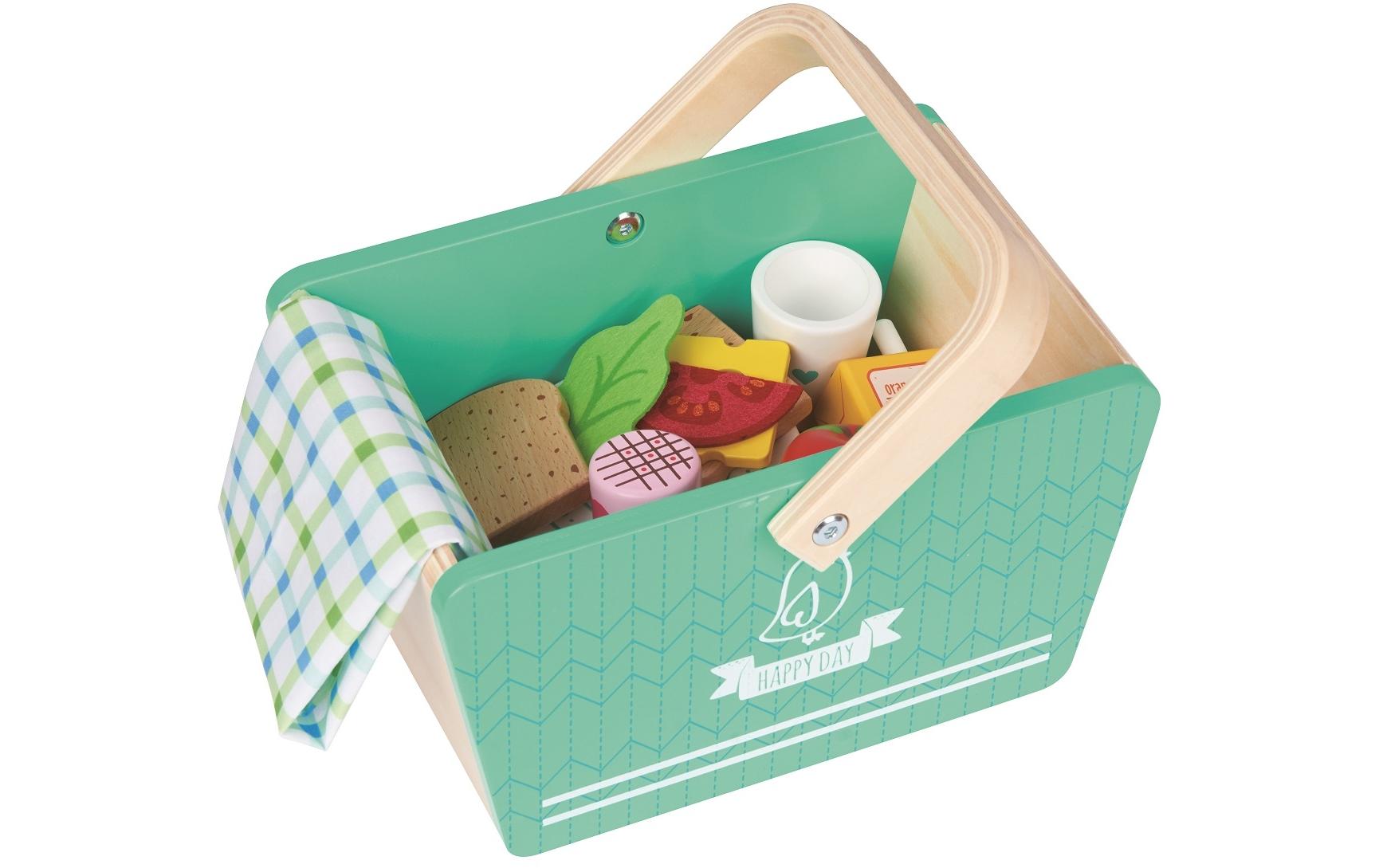 Spiel-Lebensmittel Picknick-Korb aus Holz mit ZubehörHölzernes Picknickkorb-Set mit 25 Zubehörteilen