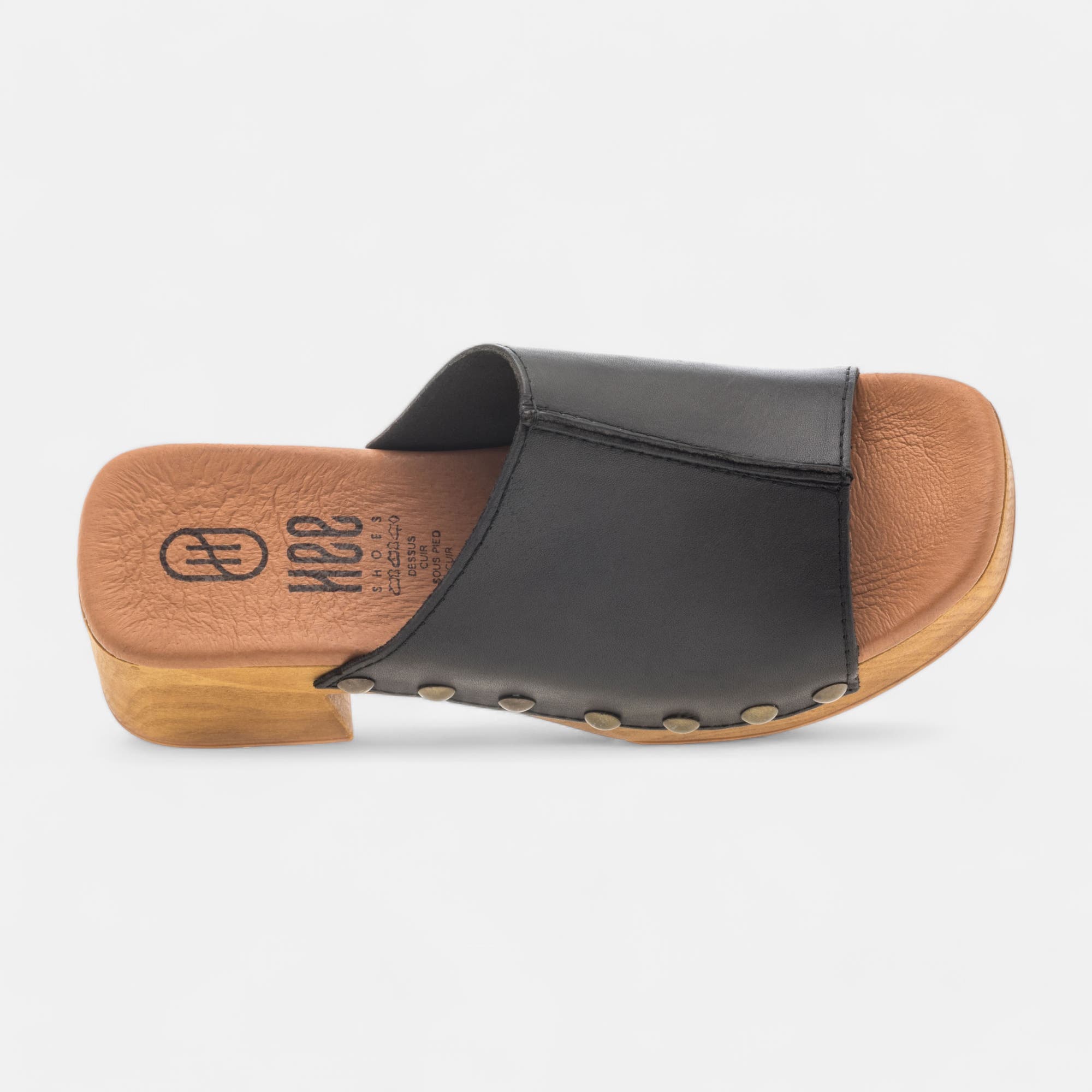 Chaussures semelle bois à talon Femme en cuir noir