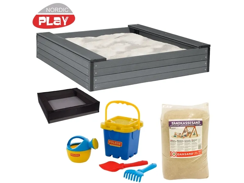 NORDIC PLAY Sandkasse med sæde 24 x 120 x 120 cm WPC inkl. net, 240 kg sand og blå spand (805-736)