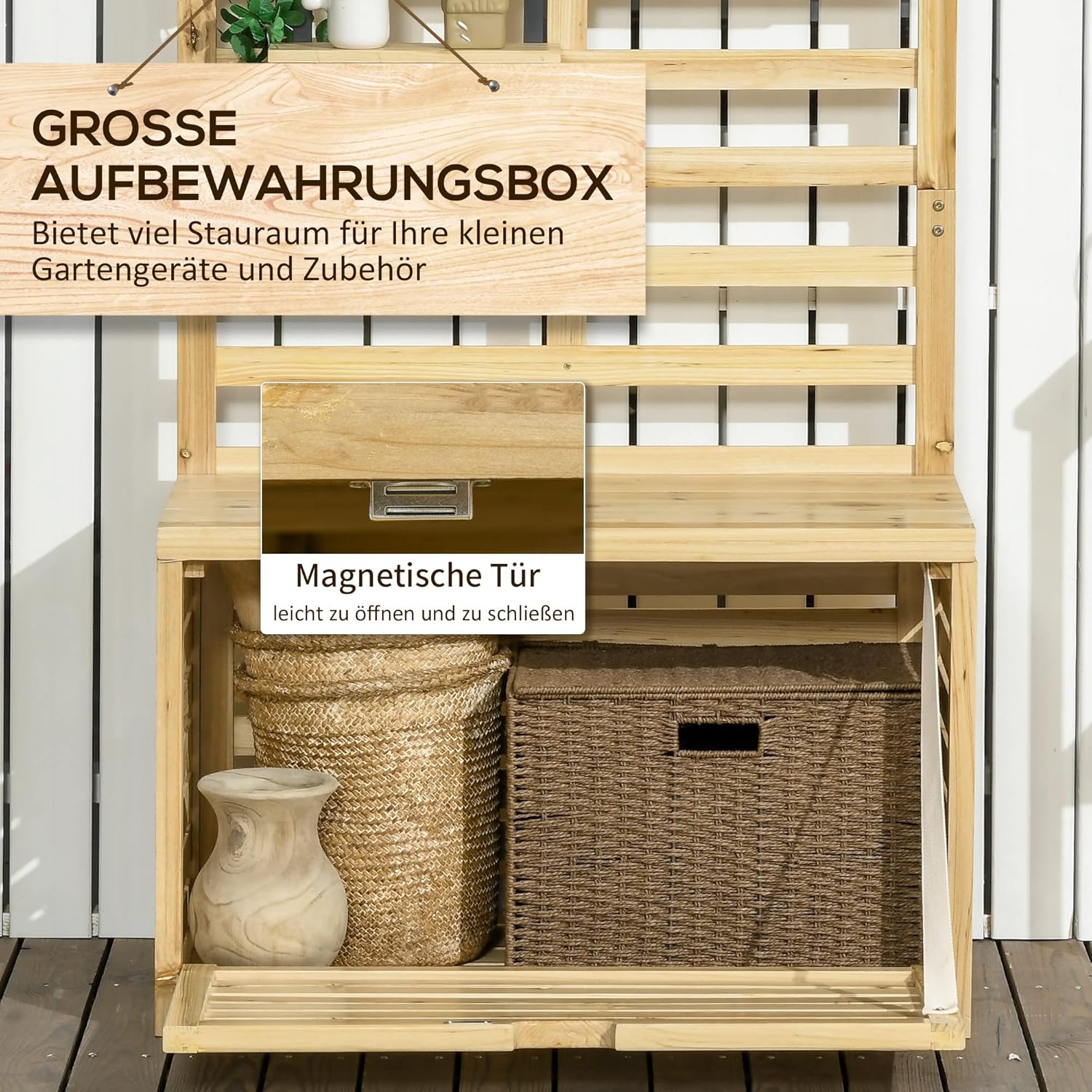 Outsunny Aufbewahrungsbox, Aufbewahrungstruhe mit Rankhilfe, Auflagenbox mit Ablagen, Gartentruhe, Kissenbox, Massivholz, Natur, 80 x 45 x 160 cm
