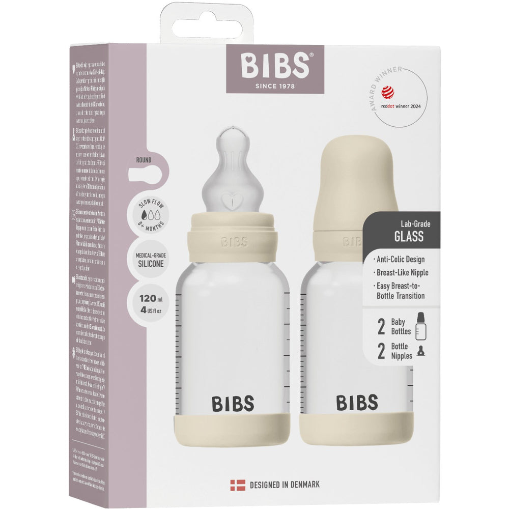 Køb Bibs Ivory Glass Baby Flaske Round Silikone 2-Pak 120 Ml Slow Flow