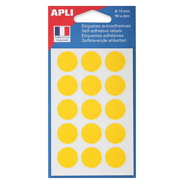 Pastilles adhésives Apli jaunes, Ø 19 mm, pochette de 90
