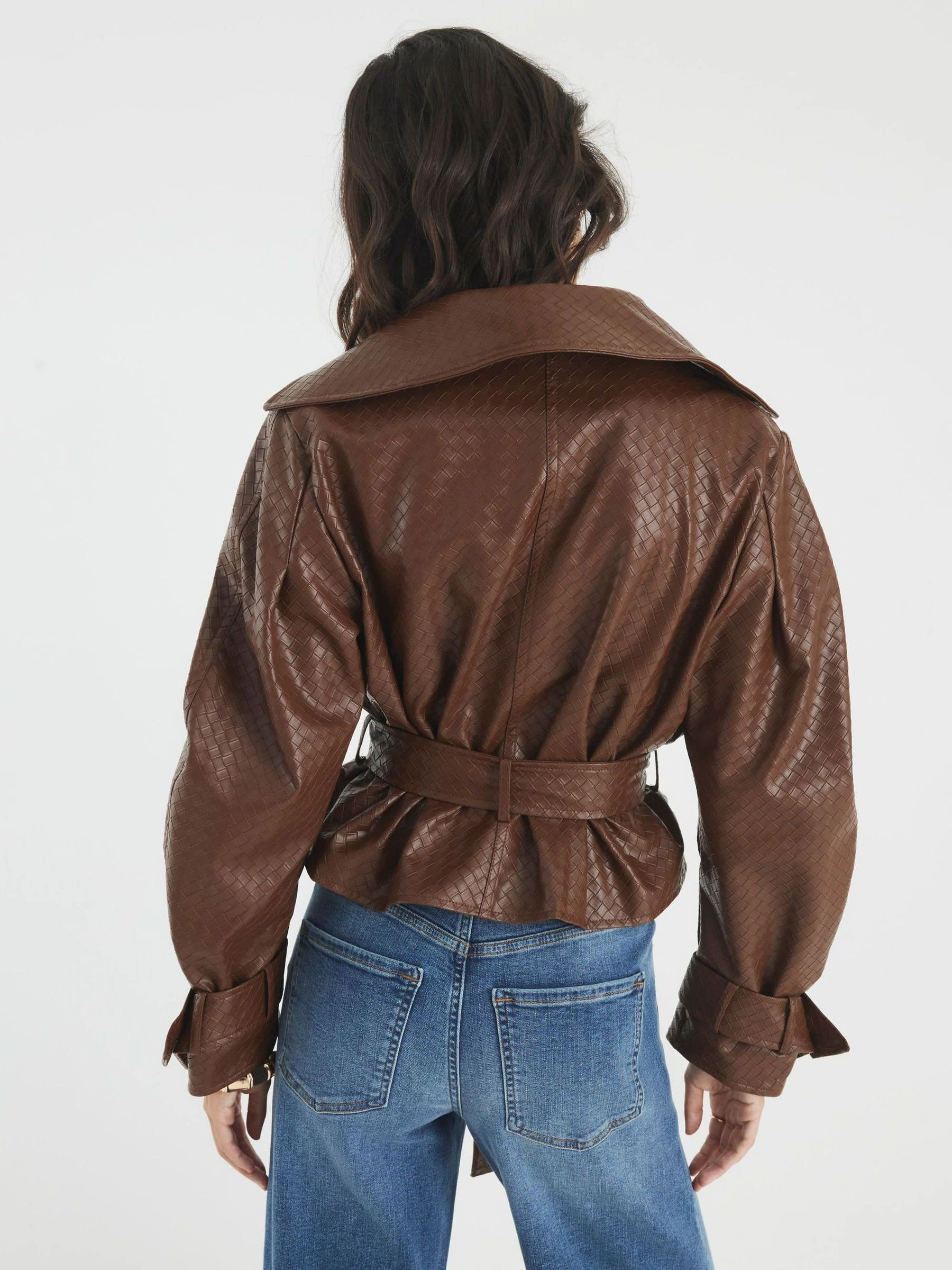 River Island Woven Crop Belted Faux Leather Trench Coat