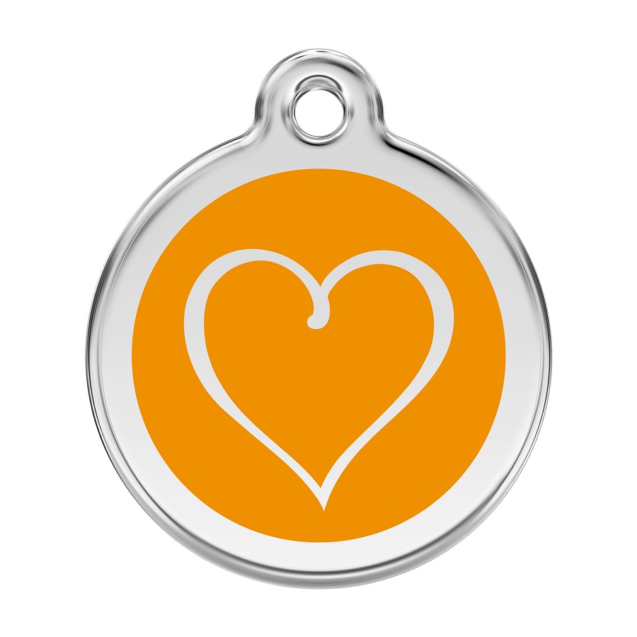 Placa de identificação para cães em aço inoxidável esmaltado com desenho tribal de coração na cor laranja