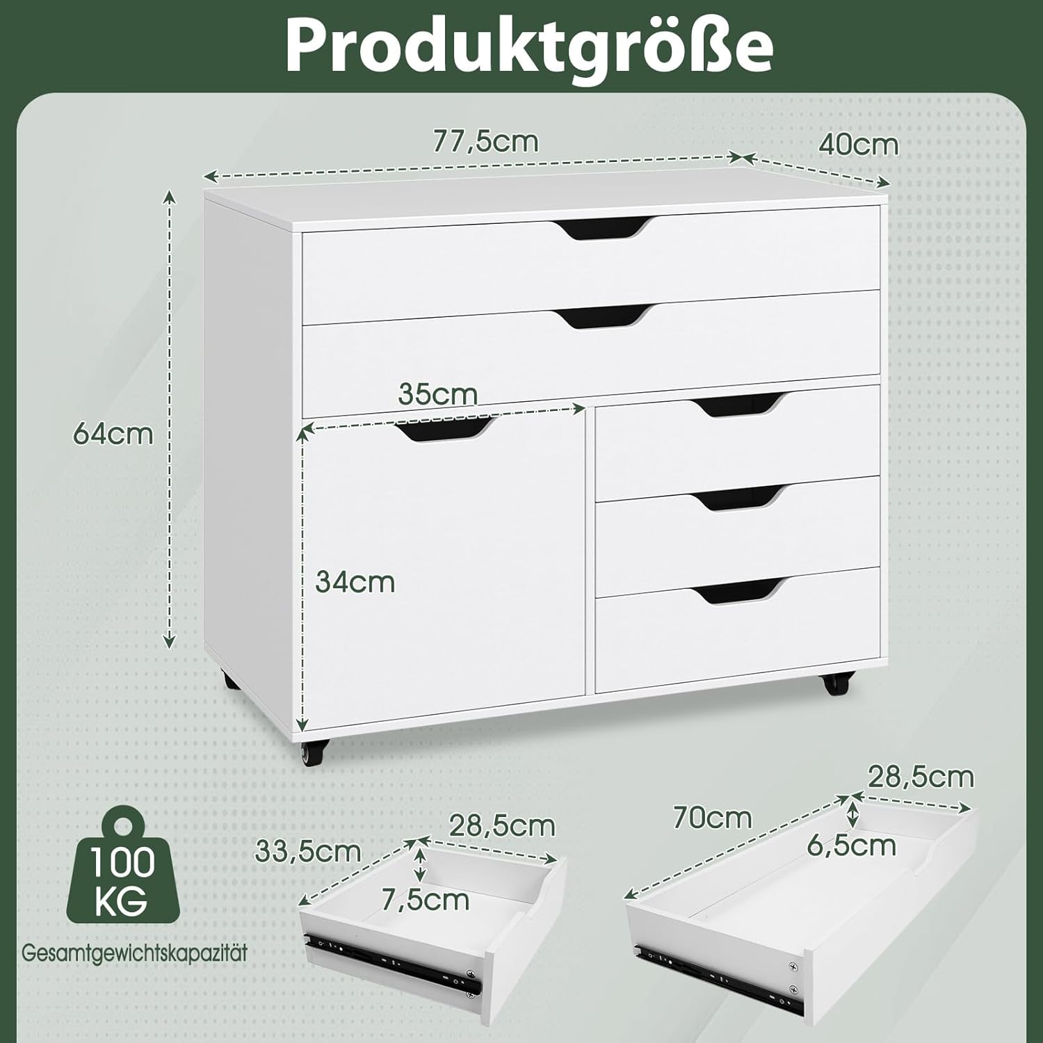 COSTWAY Rollcontainer mit 5 Schubladen & Schrank, mobiler Aktenschrank mit Rollen, Schubladenschrank mit Arbeitsplatte, Rollwagen Bürocontainer aus Holz für Zuhause, Büro, Weiß
