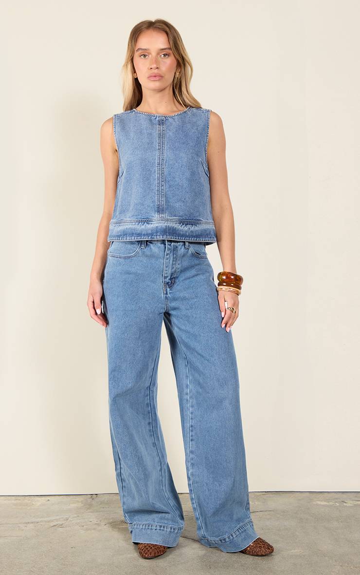 Mid Blue Wash Jean Large À Détails De Coutures