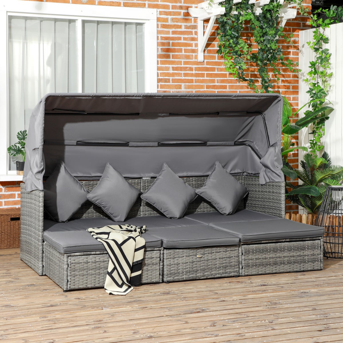 Outsunny 4-delige polyrotan tuinmeubelset, zitgroep met zonnescherm, in hoogte verstelbaar, kruk, zonne-eiland met verstelbare rugleuning, 200L x 68B x 74H cm, PE rotan, polyester, grijs