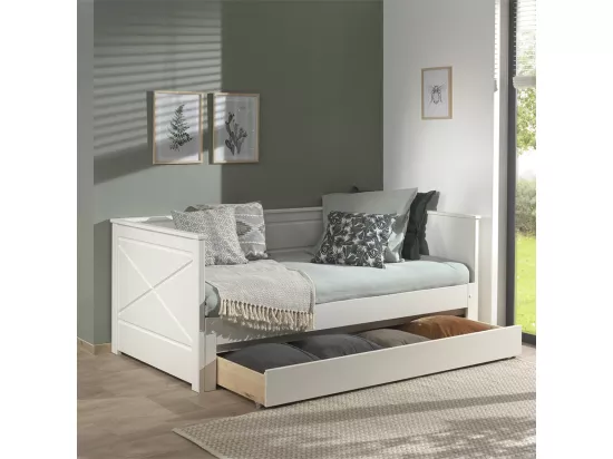 VIVIEN - Lit Extensible 90x200cm en Pin Laqué Blanc avec Tiroir