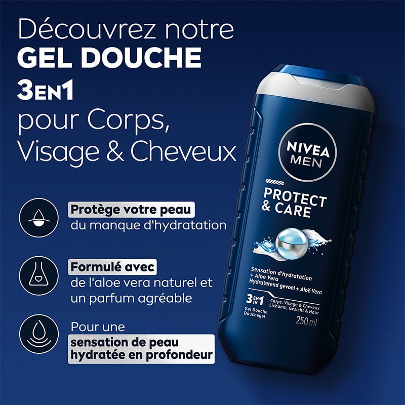 Gel douche 3-en-1 à l'aloe vera - Visage, corps & cheveux - Homme - 250 ml