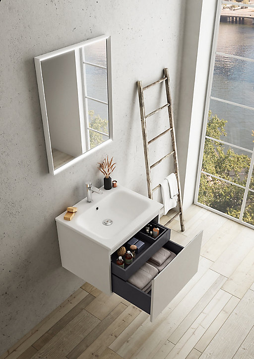 Meuble sous vasque à suspendre Pura blanc 60 cm + plan vasque en résine blanc mat