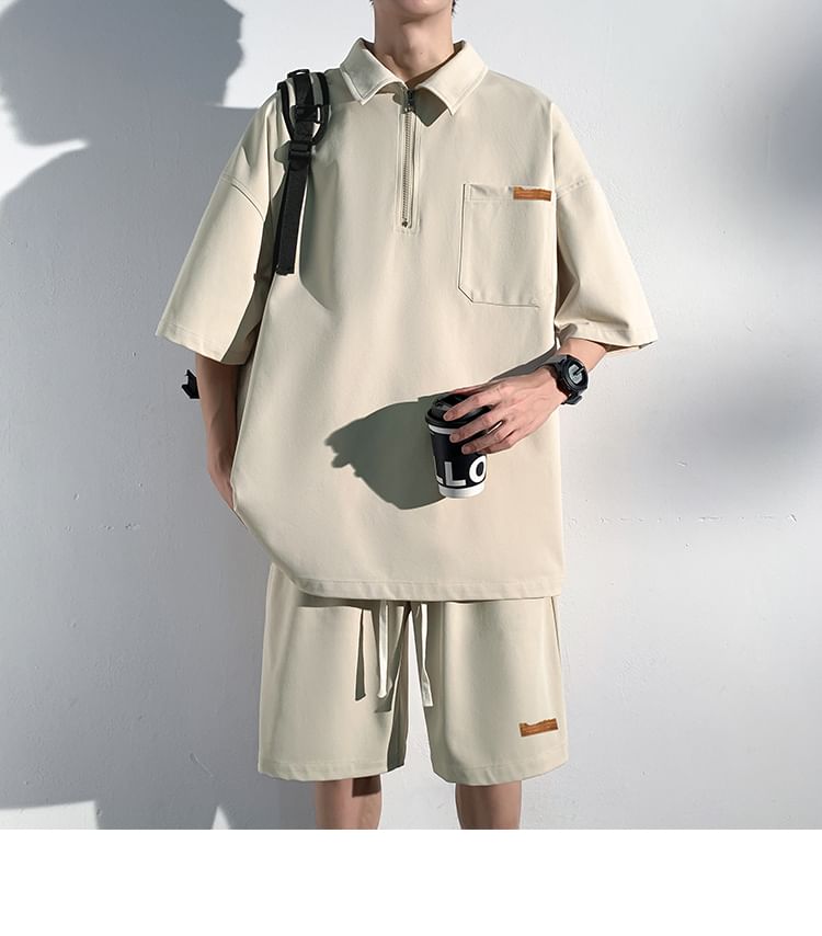 Nightbell - Set: Top met korte mouwen, kraag en halve rits + Shorts met trekkoord in de taille