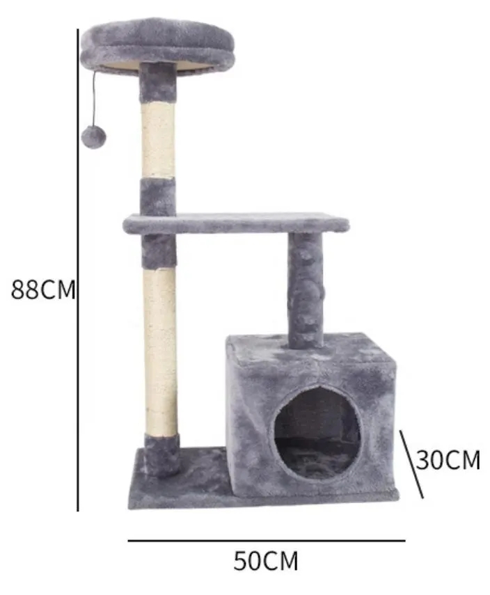 (88cm) Katzen Baum Sisal Kratzsäulen mit Häuschen / Spiel Ball / Aussichts Plattform - Grau