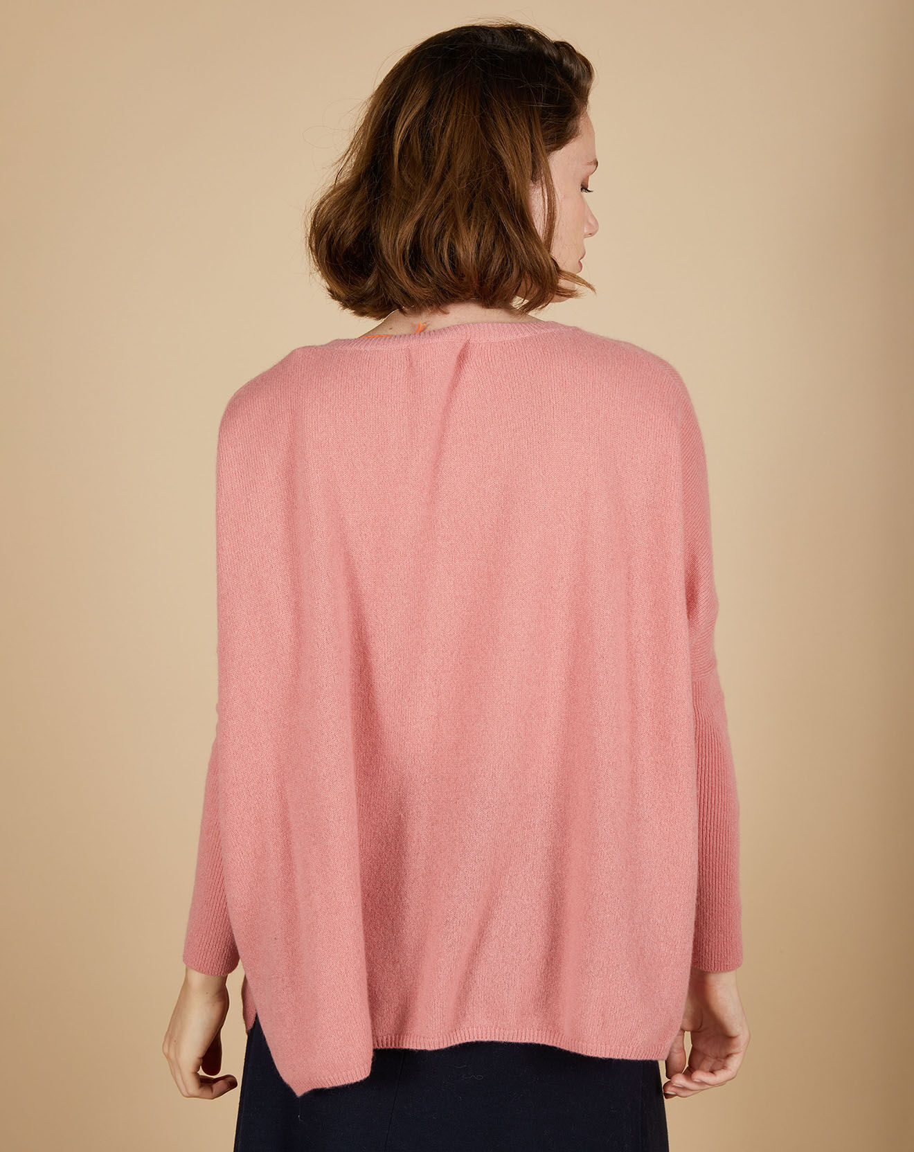 Cashmere Tribu Pull poncho 100% Cachemire Emma col V bois de rose