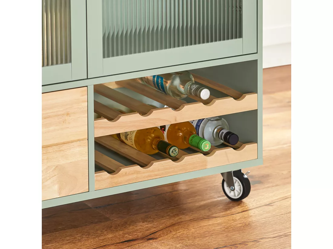 SoBuy Desserte de Cuisine sur Roulettes, Îlot Central de Cuisine, Chariot de Cuisine, Buffet avec Plateau en Bois d'Hévéa, 2 Portes, 2 Tiroirs et Porte-Bouteilles à 2 Niveaux, Beige, 109 x 38 x 92 cm, FKW114-GR