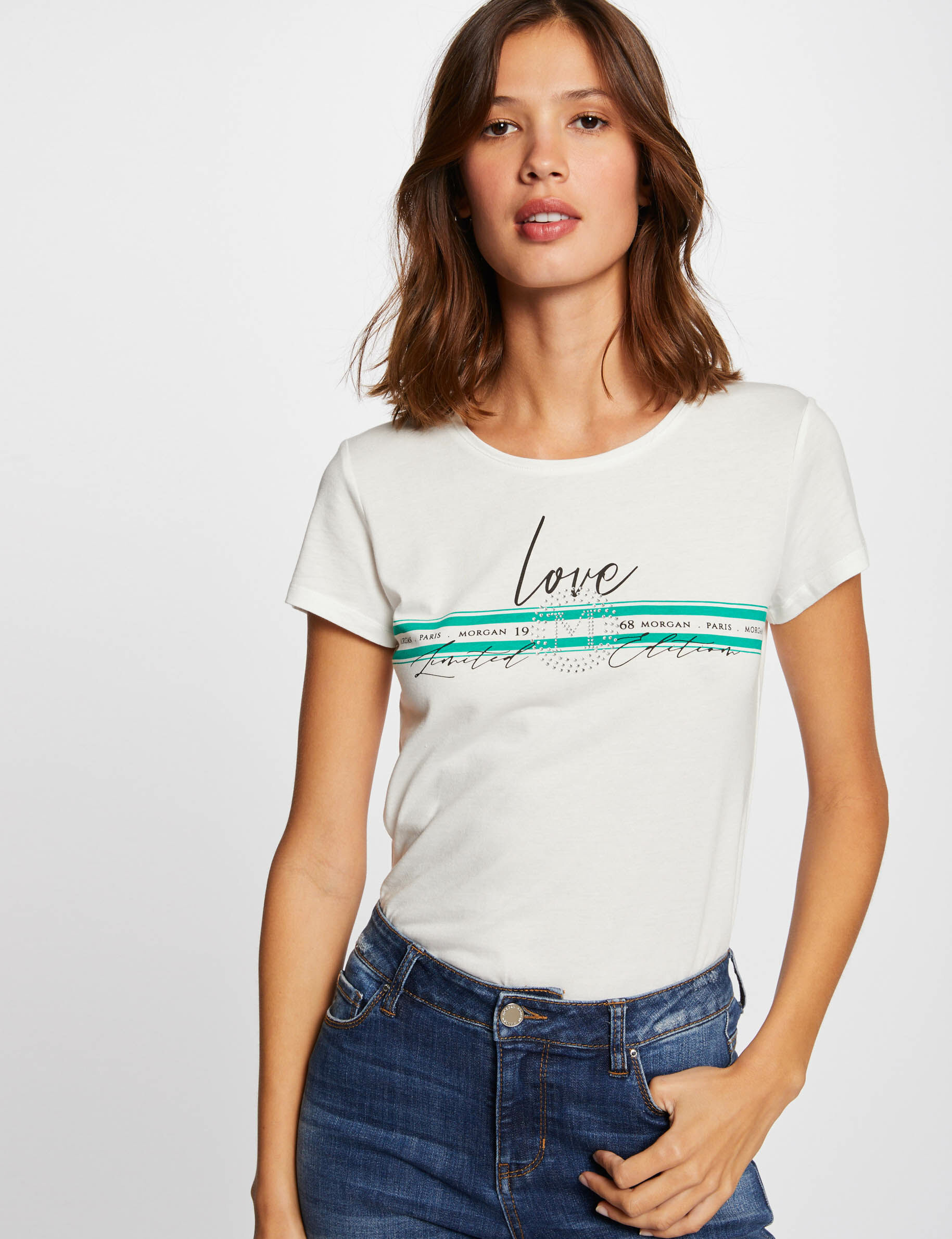 T-shirt manches courtes à inscription ecru femme - ecru