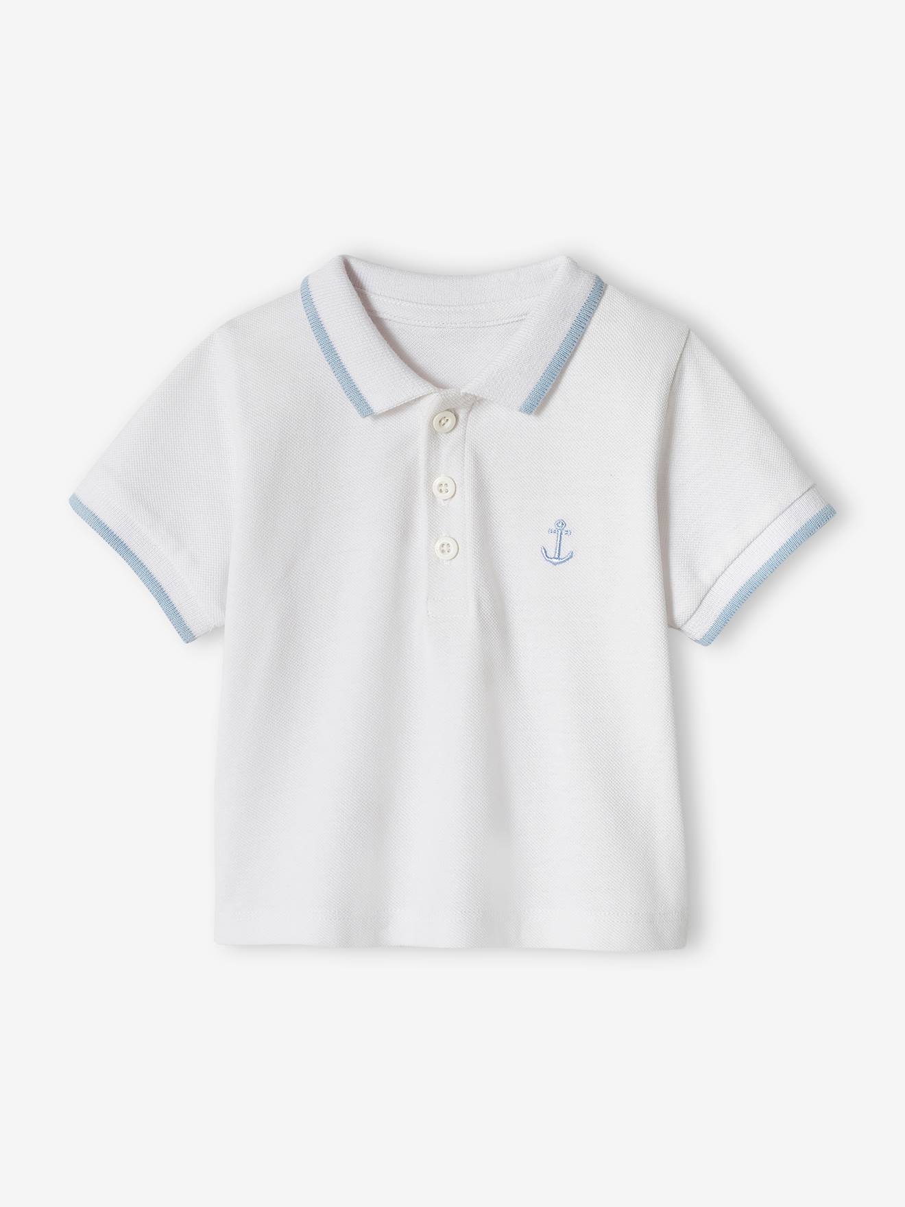 Camisa polo personalizável para bebê menino com bordado liso azul escuro no peito.