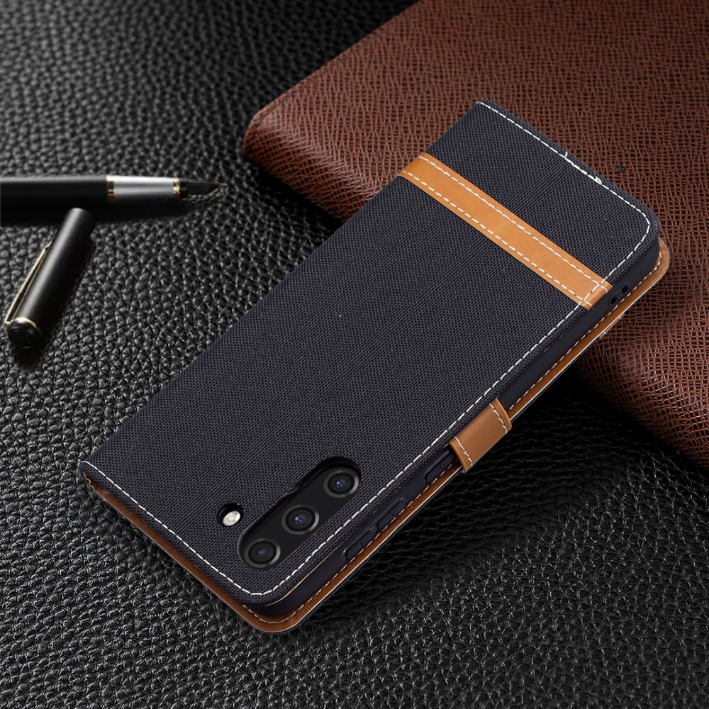Samsung Galaxy S21 FE 5G Stoff Tasche im Jeans Look mit Kartenfach   Magnetverschluss - Schwarz / Braun