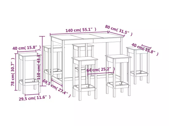 Ensemble de bar 7 pcs Bois de pin massif