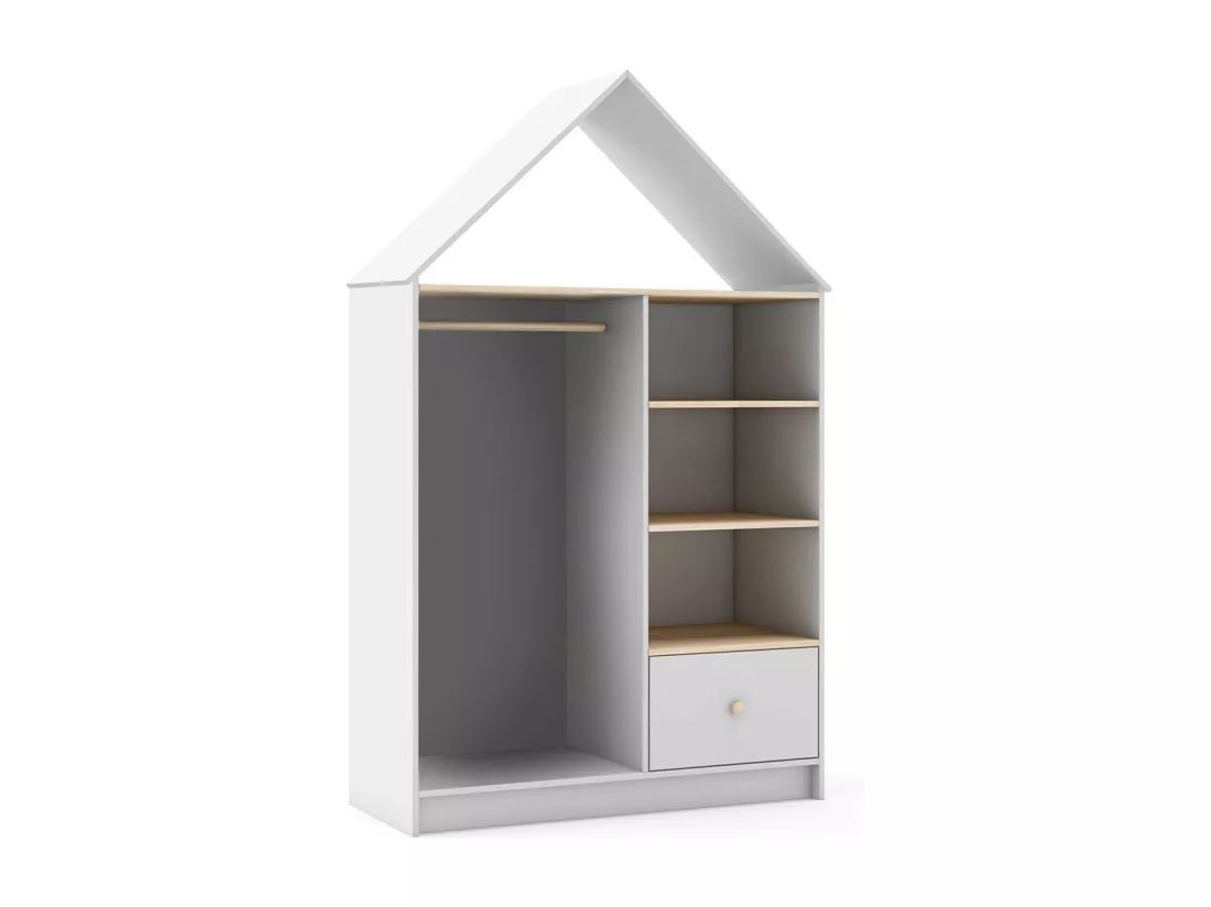KAINA - Chambre 90x200cm avec Commode 4T et Dressing Cabane Coloris Blanc et Naturel