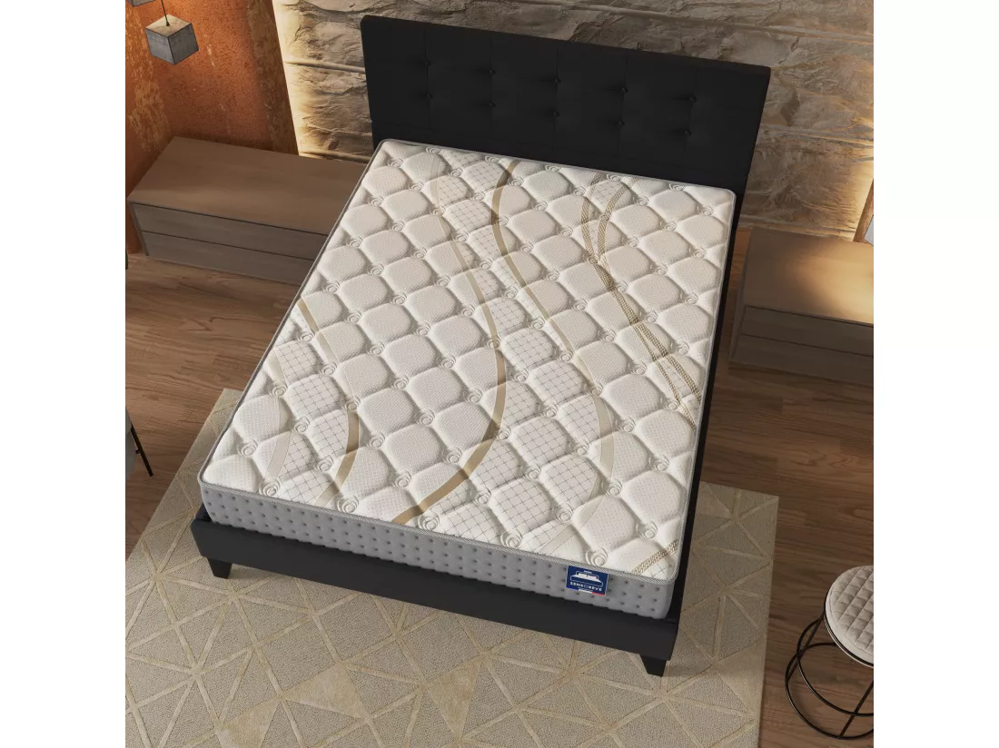 Ensemble Matelas + Lit Avec Tête De Lit 140x190 Cm, Essem 25cm D’épaisseur Mousse Haute Densité