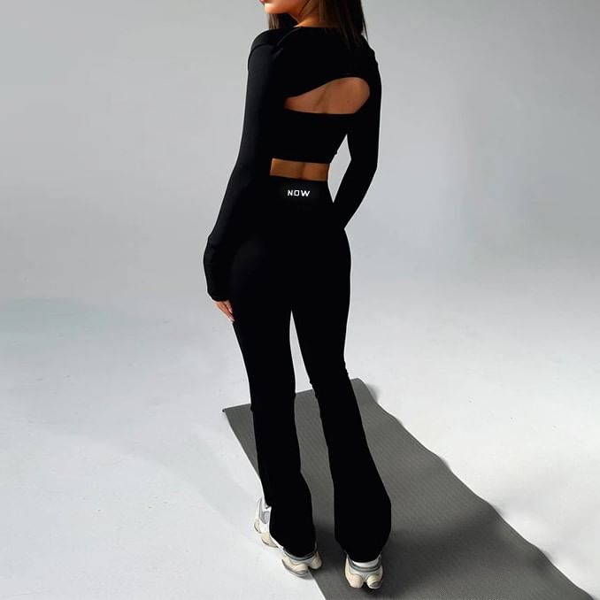 Alizio - Set: Crop top met letterprint + lange mouwen, effen open bolero + high waist flared broek