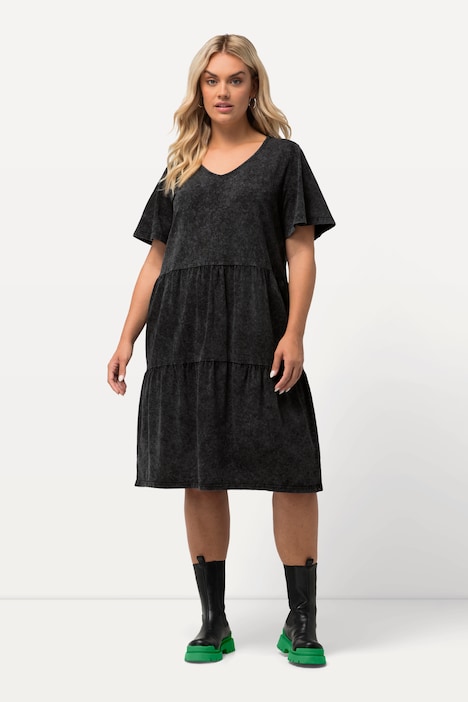 Jerseykleid, Jeansoptik, A-Linie, V-Ausschnitt, Halbarm