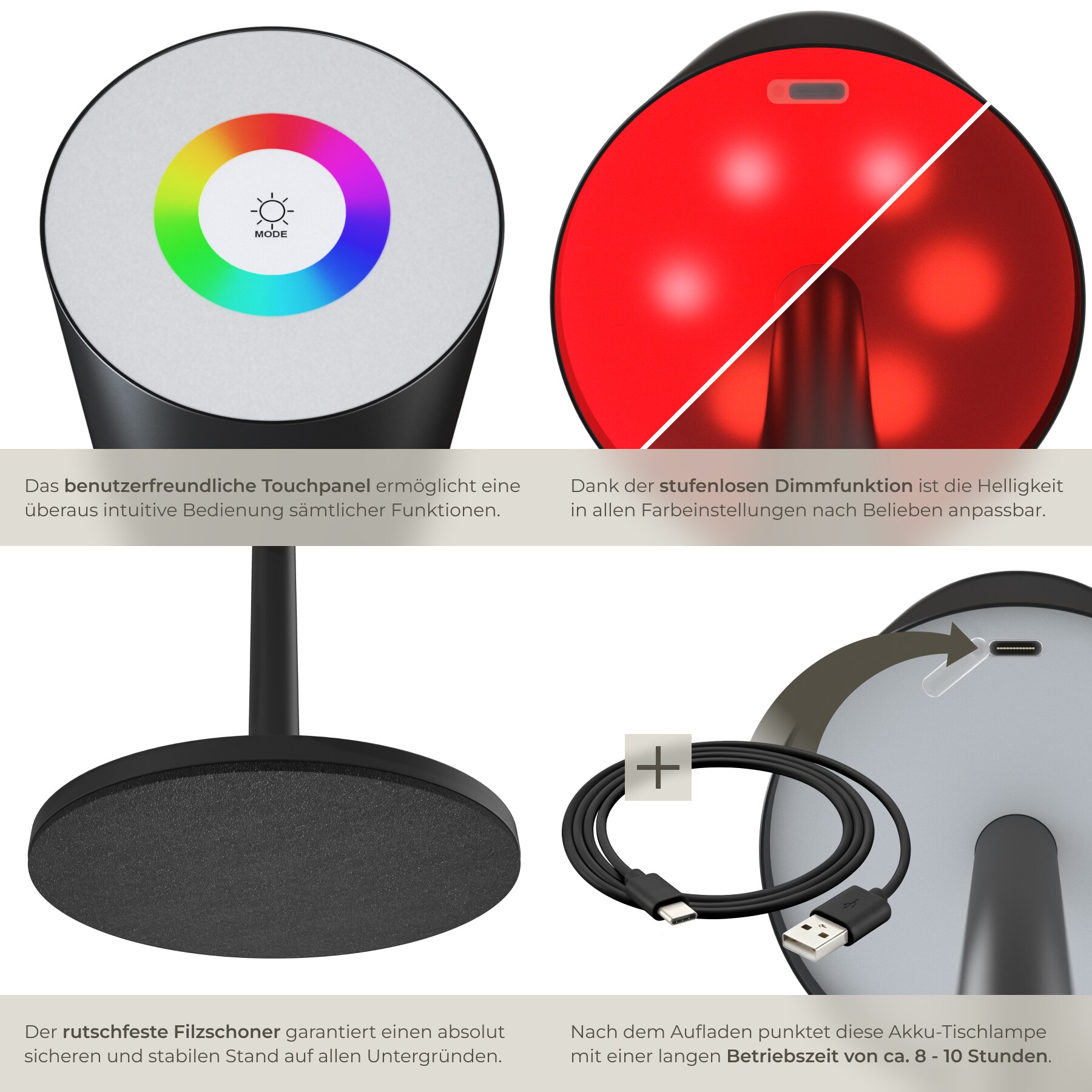 tectake® Akku-Tischlampe, Retro-Design, LED, 5 W, Touchpanel, inkl. Ladekabel, 10 x 37 cm