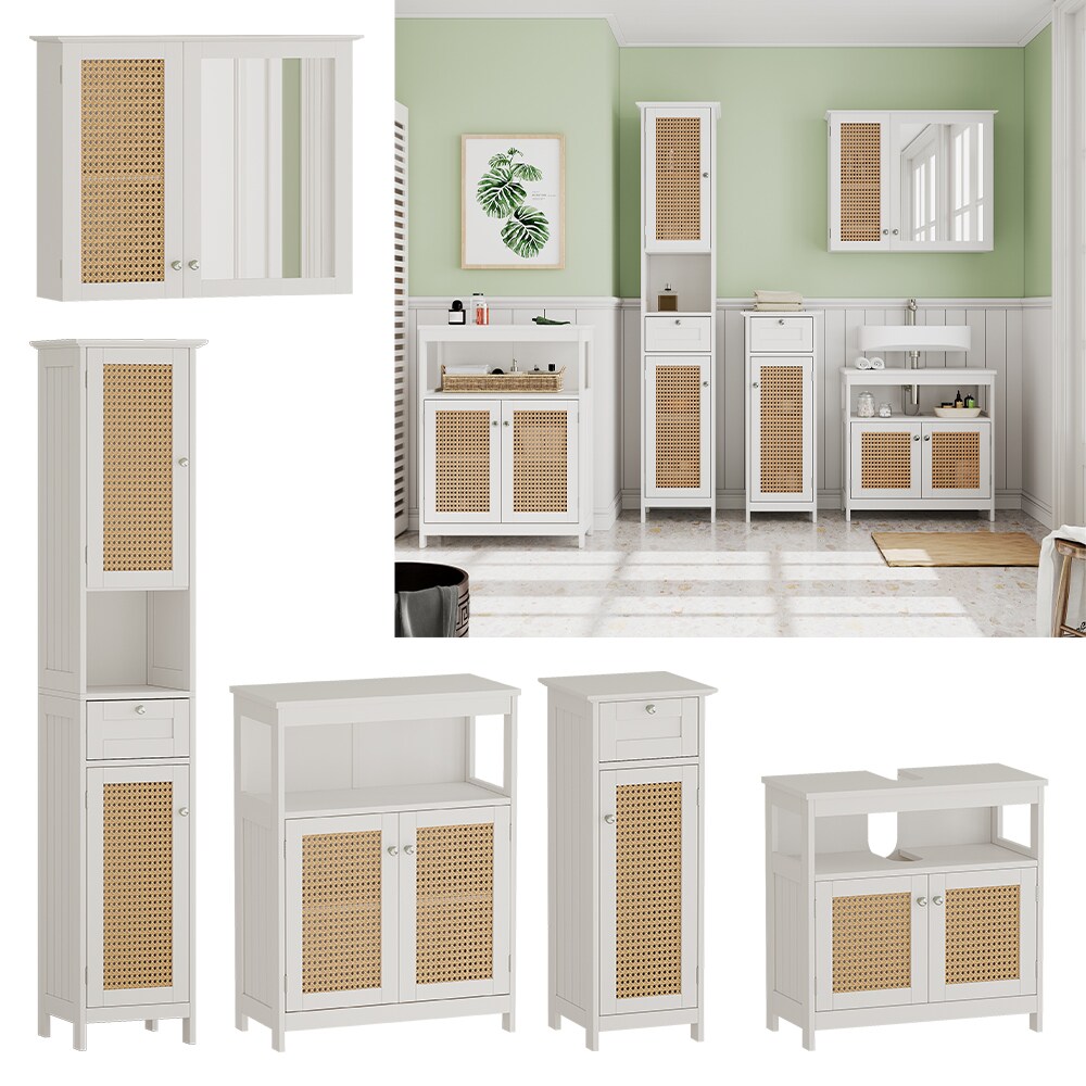 Vicco Badmöbel-Set Rosario, Weiß, moderne Serie, Badezimmer, dekorative Front, Spiegelschrank, Waschtischunterschrank, Midischrank, Hochschrank, Sideboard