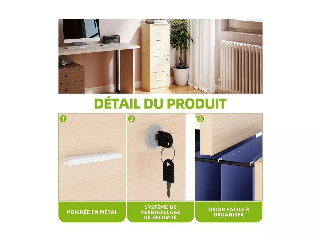 YITAHOME Caisson Bureau avec 4 tiroirs, 127,5 cm Armoire de Classement Verrouillable, Armoire pour Format A4, Couleur du bois