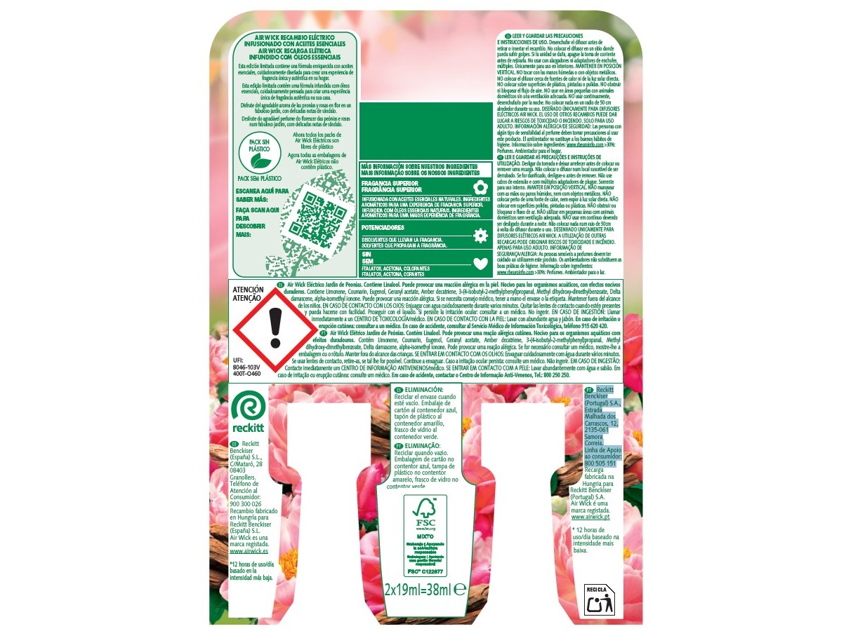 AMBIENTADOR ELÉTRICO AIRWICK RECARGA JARDIM DE PEÓNIAS 2X19ML