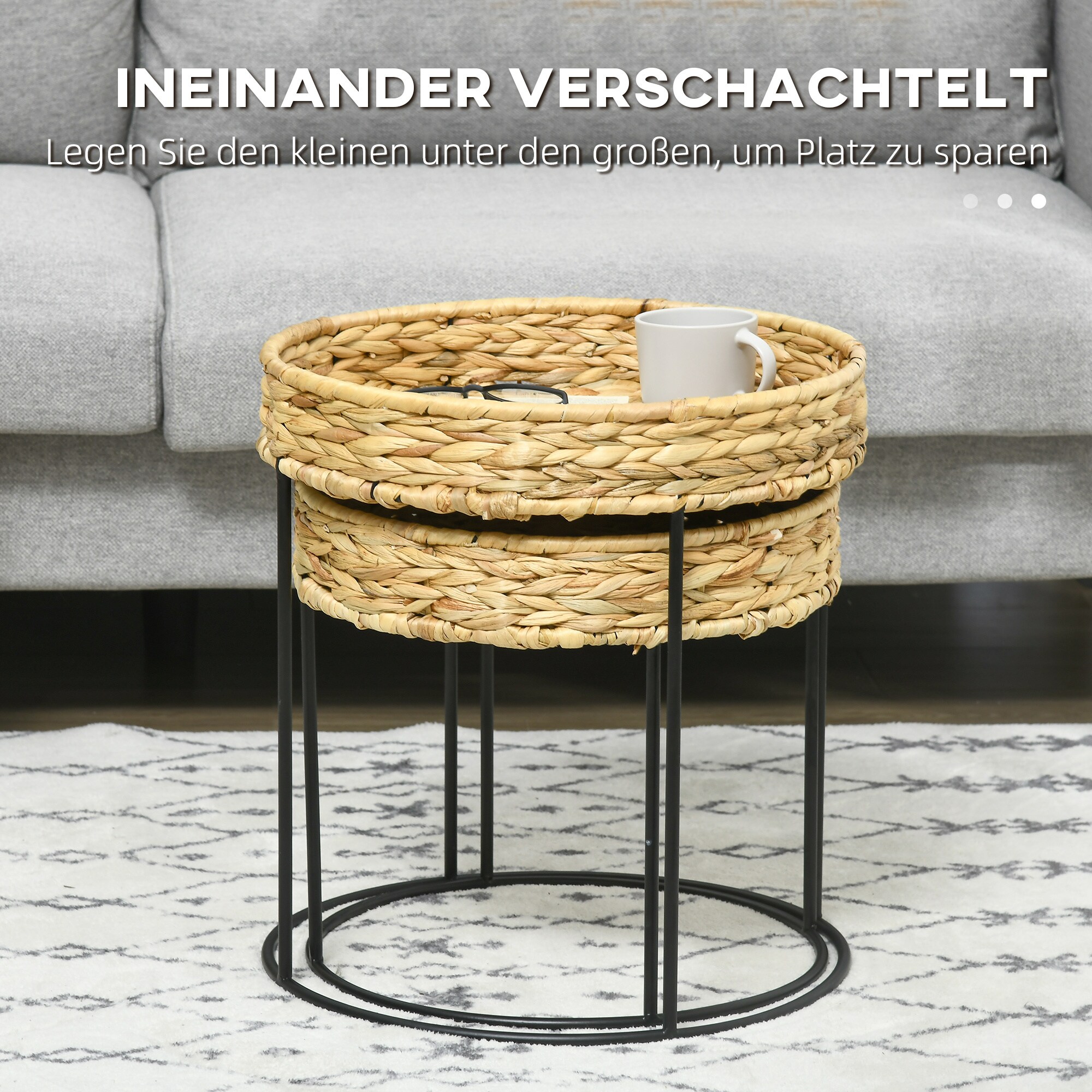 HOMCOM Couchtisch mit handgeflochtene Wasserhyazinthen-Tischplatte schwarz, natur Ø45 x 46H cm